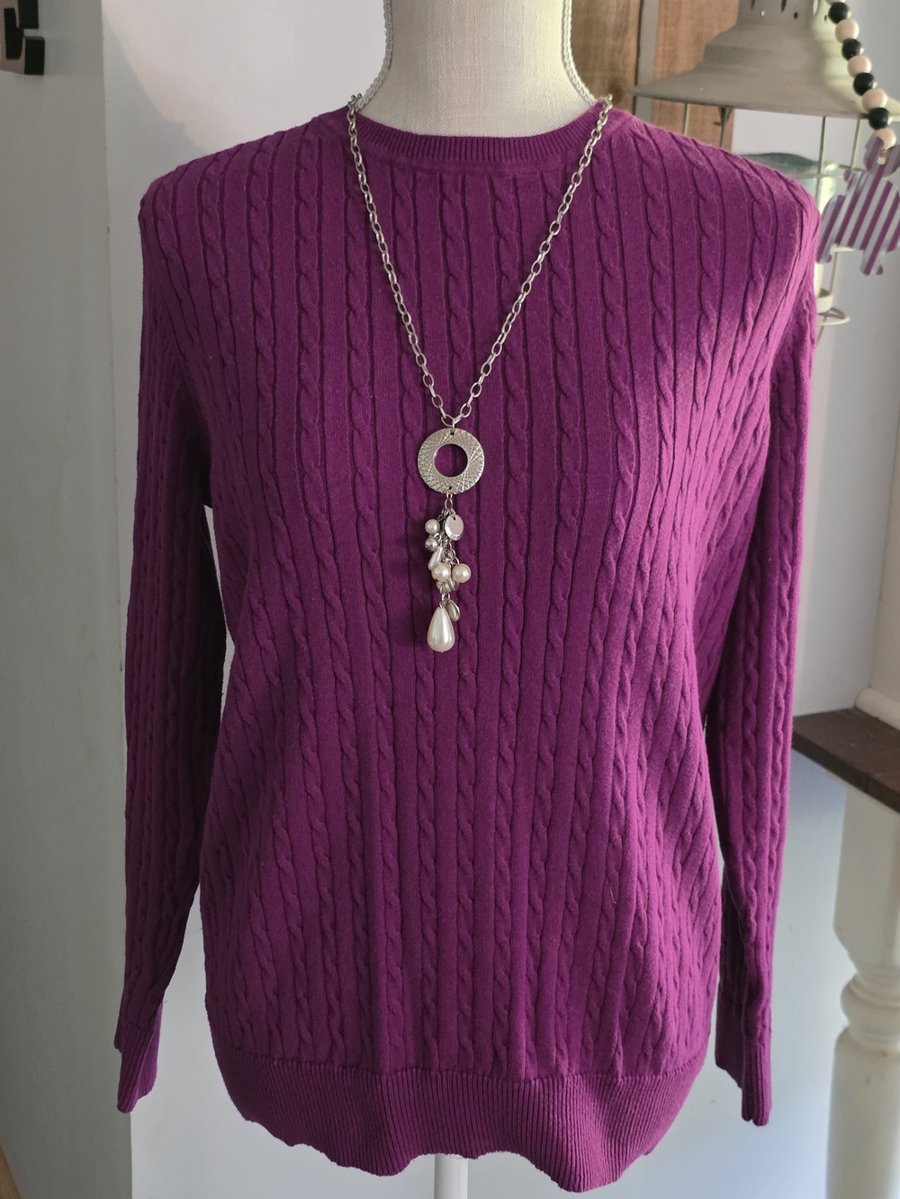 Women’s Cable Knit Crewneck Sweater - Purple